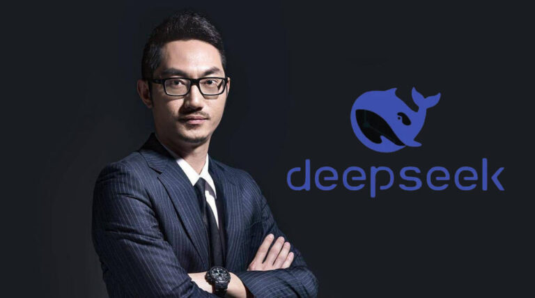Liang Wenfeng, the founder of DeepSeek, wearing a business suit and presenting AI advancements at a conference.